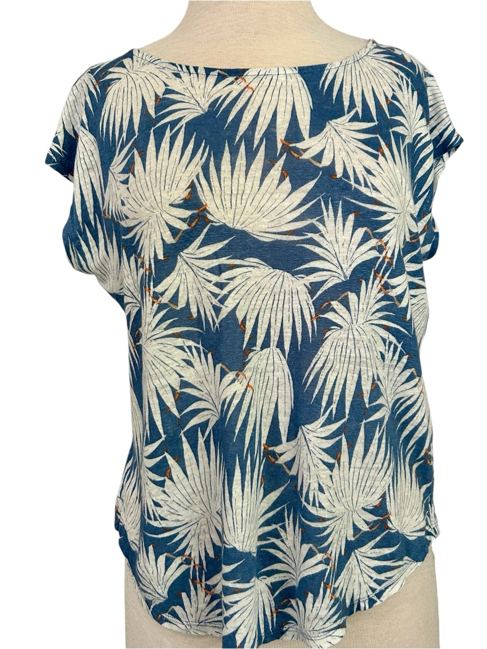 Rachel Zoe Blue Palm-Print Short Sleeve Knit Top